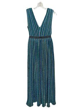 BCBGMAXAZRIA XXS Metallic Pleated Maxi Dress Blue Green Striped Y2K Glam NWT